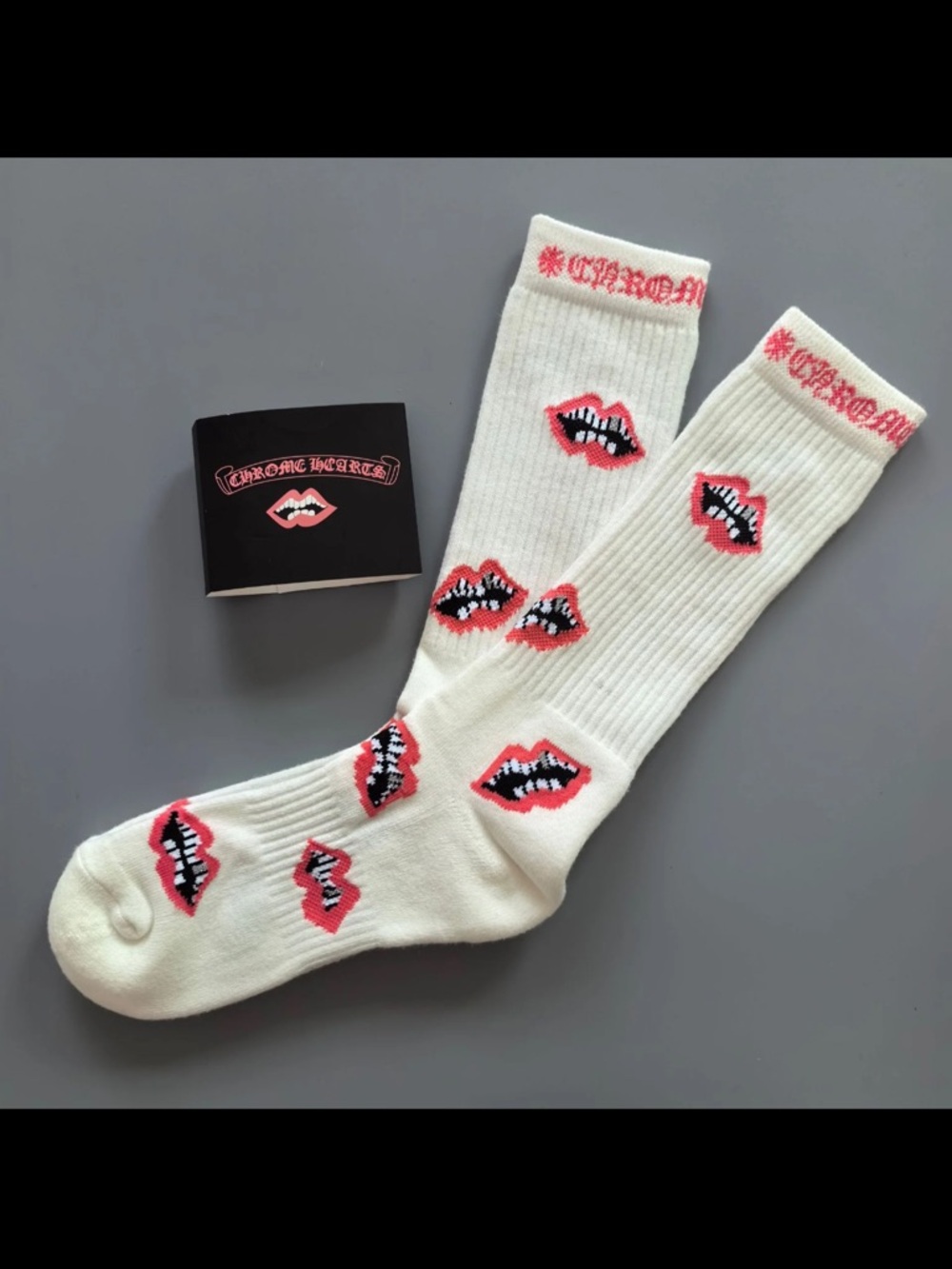 Matty boy Chrome Hearts Style White Crew Socks with Pink Lip Motif